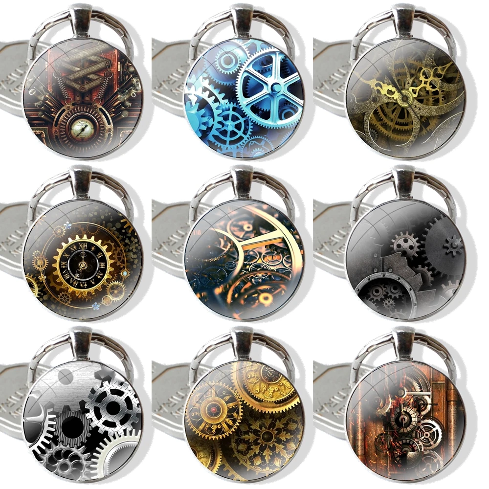 Keychain Handmade Glass Cabochon Key Ring Holder Pendant Key Chains Mechanical Gears steampunk