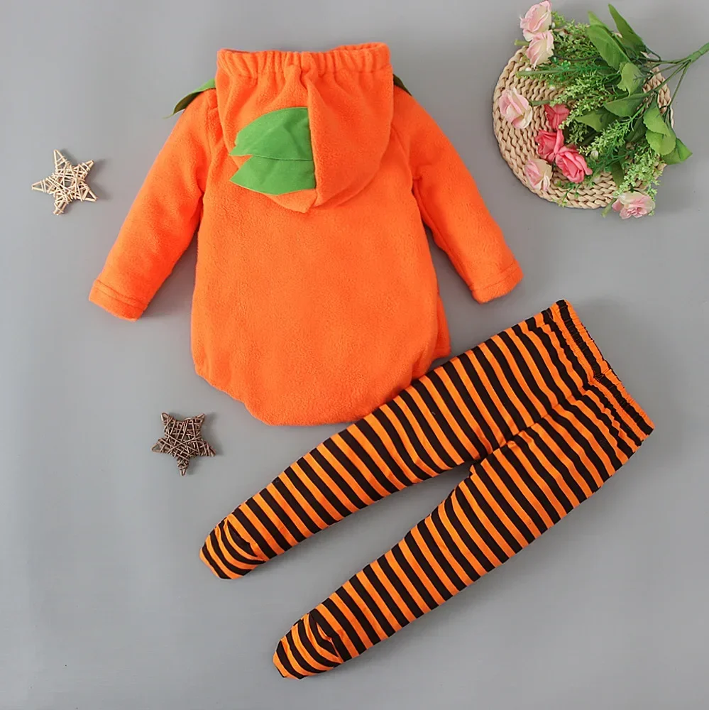 Halloween-Partykostüm für Babys: Kürbis-Kapuzen-Strampler mit gestreifter Hose, Kinder-Cosplay-Verkleidungsset – Detail 7