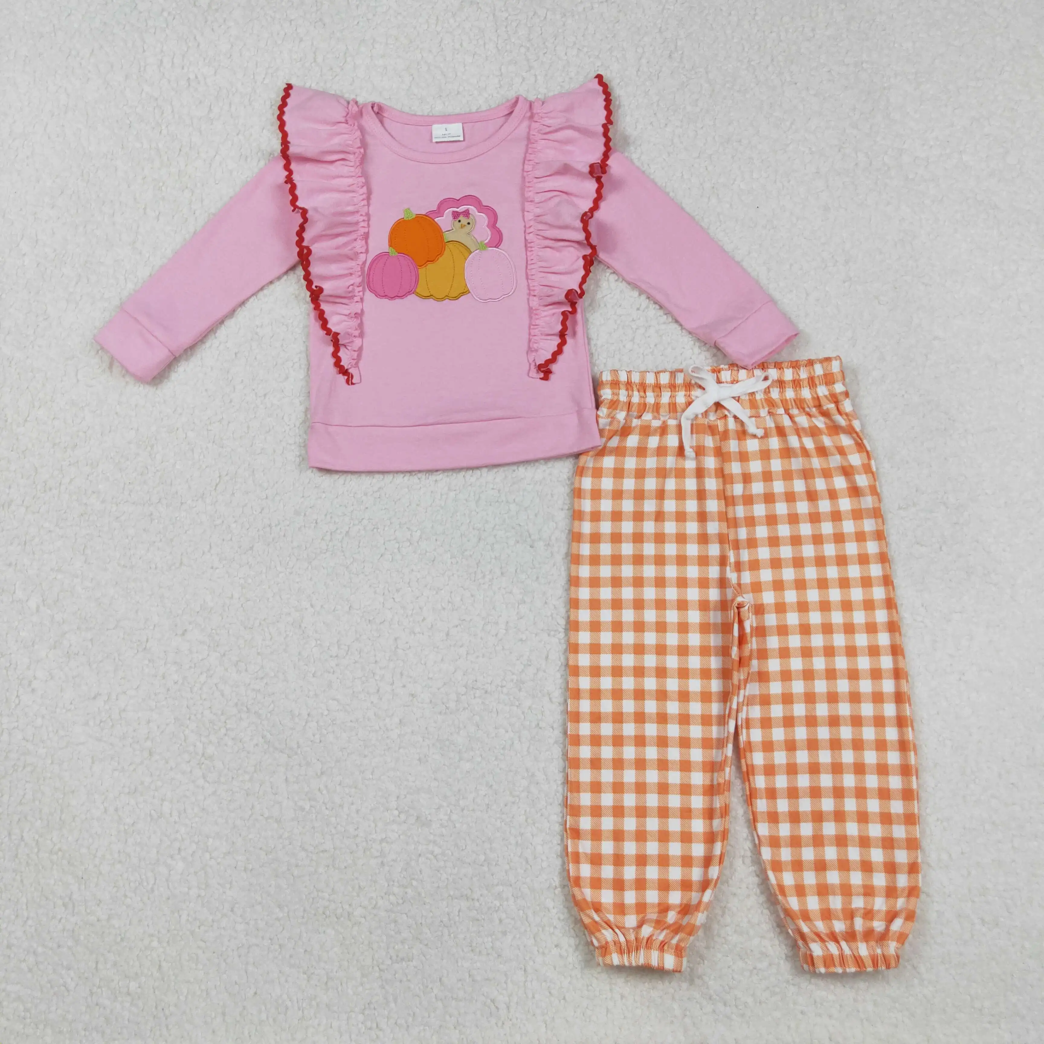 Top de calabaza de pavo de manga larga rosa para niñas con pantalones a cuadros naranjas conjunto de traje de Acción de Gracias para bebés