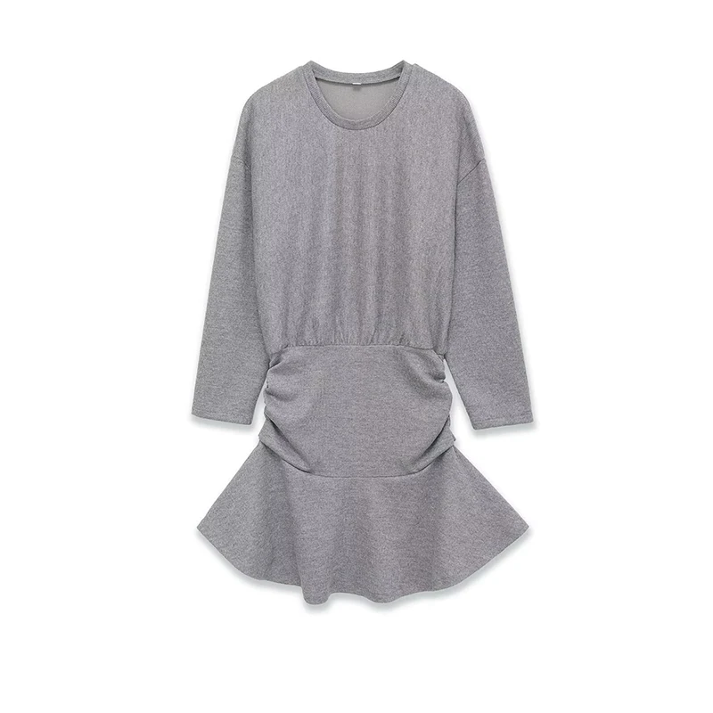 

YENKYE New 2026 Women Long Sleeve O Neck Solid Soft Dress Casual Spring Ruffle Hem Mini Dresses Female Vestidos