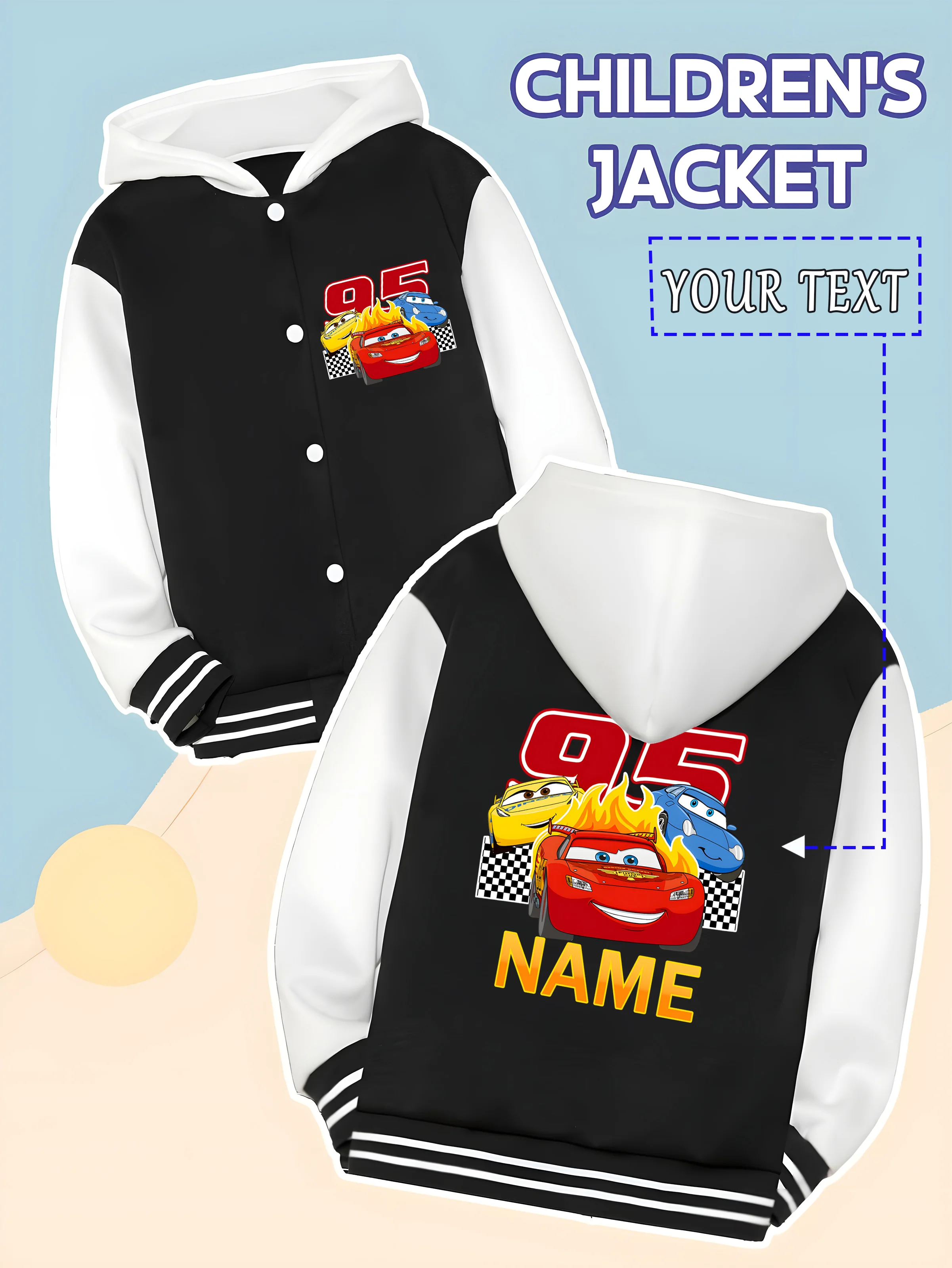 

MINISO Disney Boys Baseball Jacket - Cars 95 Team, led by Lightning McQueen, super cool, racing theme party, daily school wear s