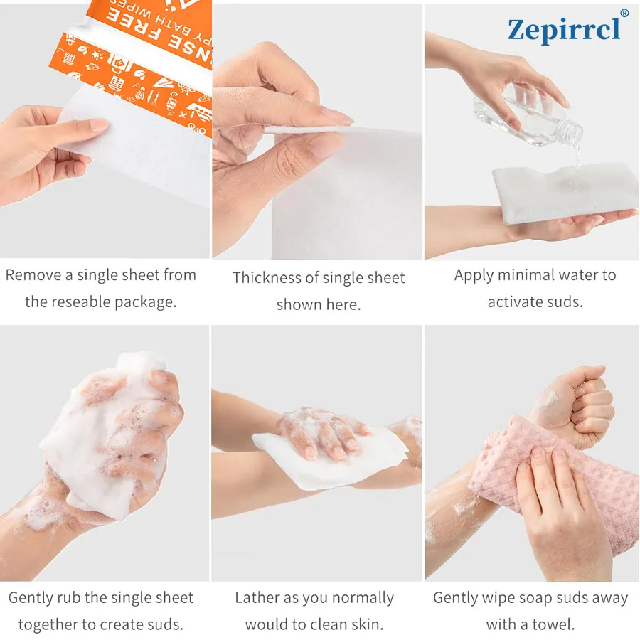 1PACK/6PACKS One-piece No-Rinse Foaming Bath Towel. Just add water, rub to lather, and it enables quick body cleaning without rinsing. It is suitable for fitness, travel, wilderness adventures, and people with mobility impairments.30*30CM