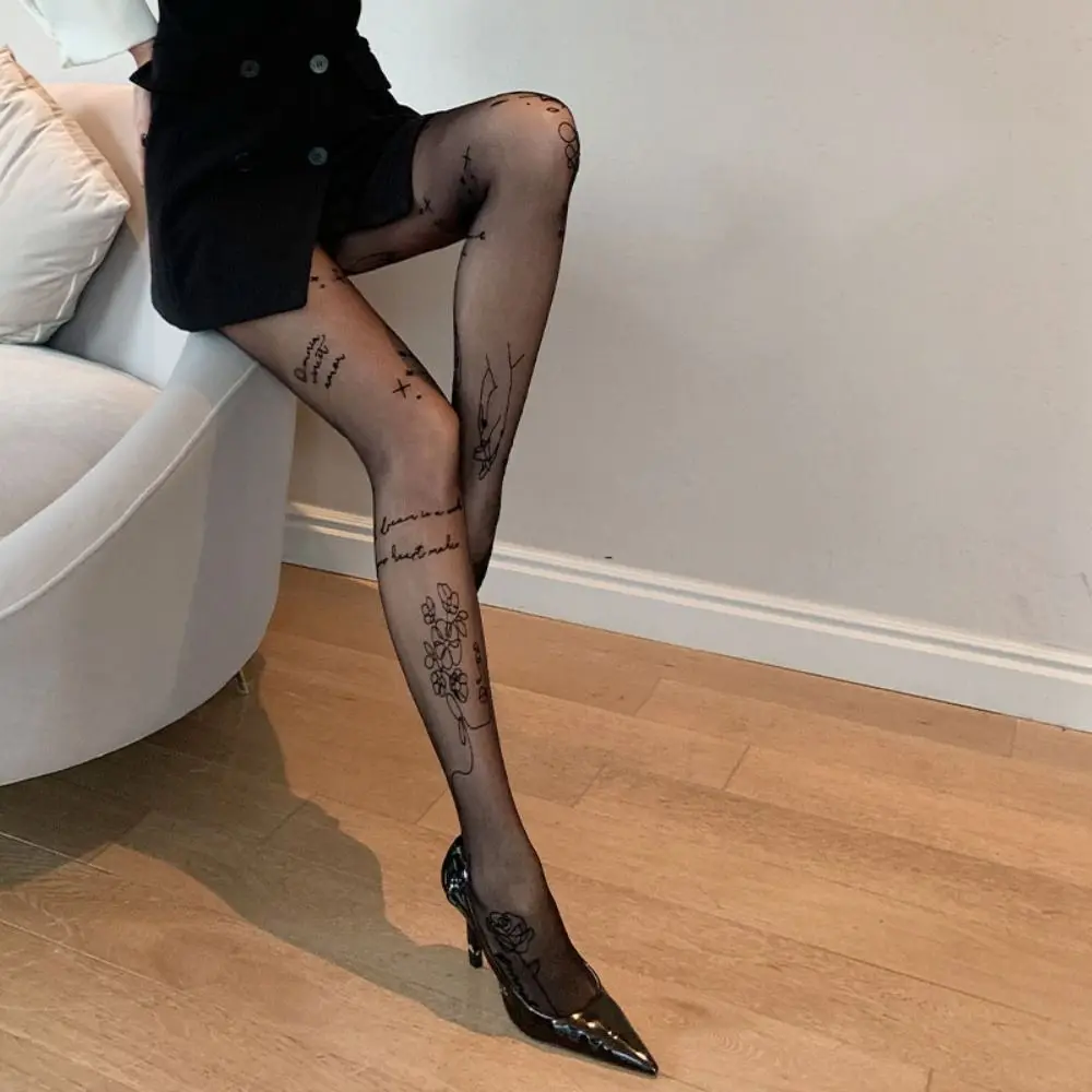 Sexy Black Patterned Long Stockings Flower Letter Thin Stockings Tattoos Pantyhose Women