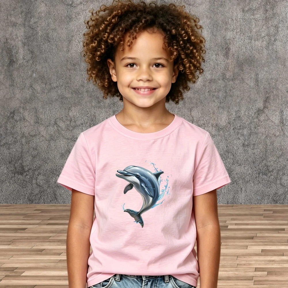 Boys Girls Kids T-Shirt Summer Jumping Dolphin Print Short Sleeve Casual Ocean Tees
