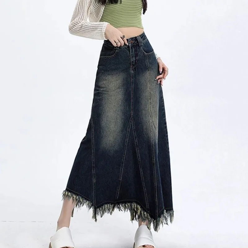 Vintage Front Slit Long Denim Skirt Women Sexy High Waist Tassel Maxi Skirt 2026 New Spring Autumn Pocket Skirt Saia Feminina - view 3