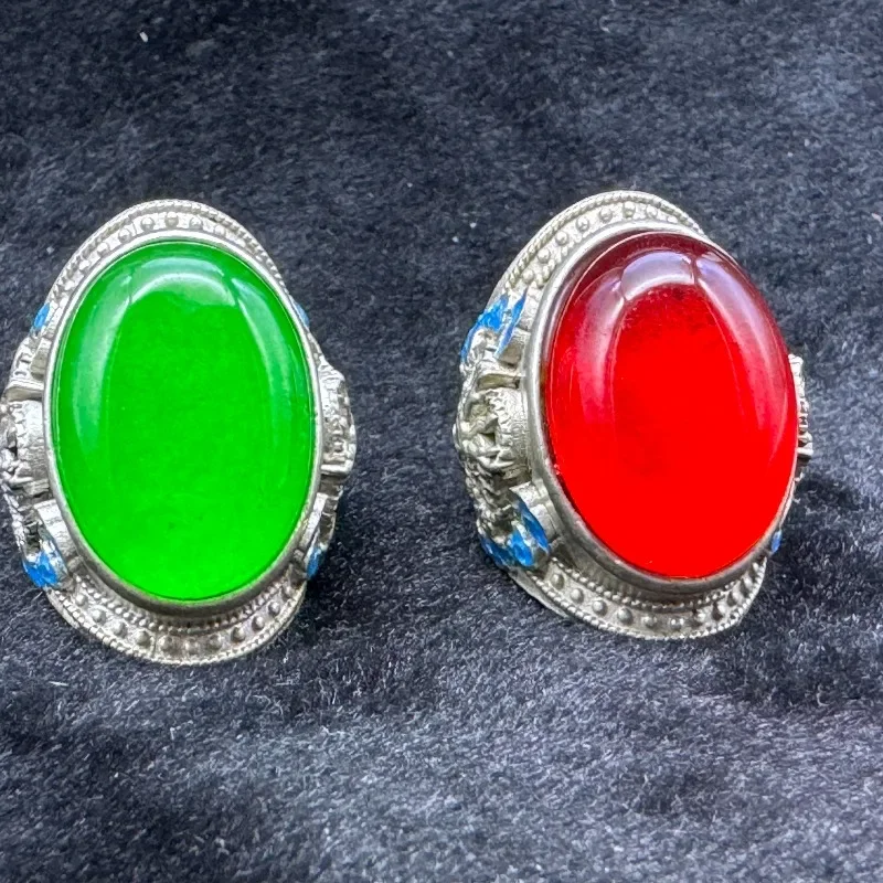 Vintage Open Ring, Old Silver with Emerald Green & Ruby Inlay, Bold Retro Statement Finger Jewelry