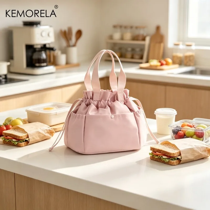 Thickened Drawstring Lunch Box Bag Large Capacity Multi-Pocket Design Hand Carrying Insulated Bag Easy To Clean Bundle Mouth