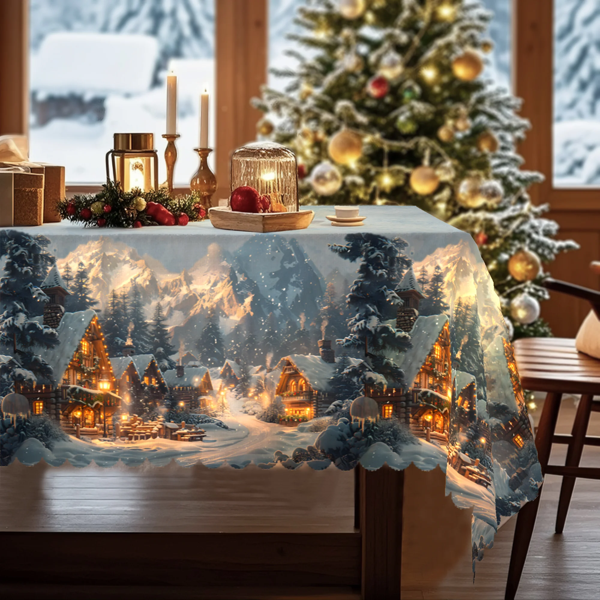 

Christmas Tablecloth - Winter Snow Village Scene with Snowy Mountains, Pine Trees & Cozy Houses - Wrinkle-Resistant, Easy-Clean Polyester Table Cover - Indoor/Outdoor Holiday Decorations for Christmas Party, Family Dinner, Dining Table - Fits Rectangular