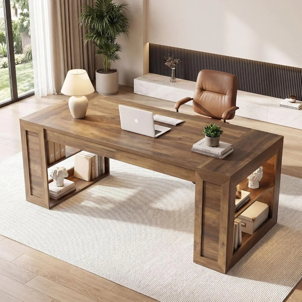 Tribesigns 70.8-Inch Executive Desk, Large Wooden Computer Desk with Open Side Storage Shelves, Spacious Workstation for Dual Monitors, Sturdy Home Office Desk for Work Study