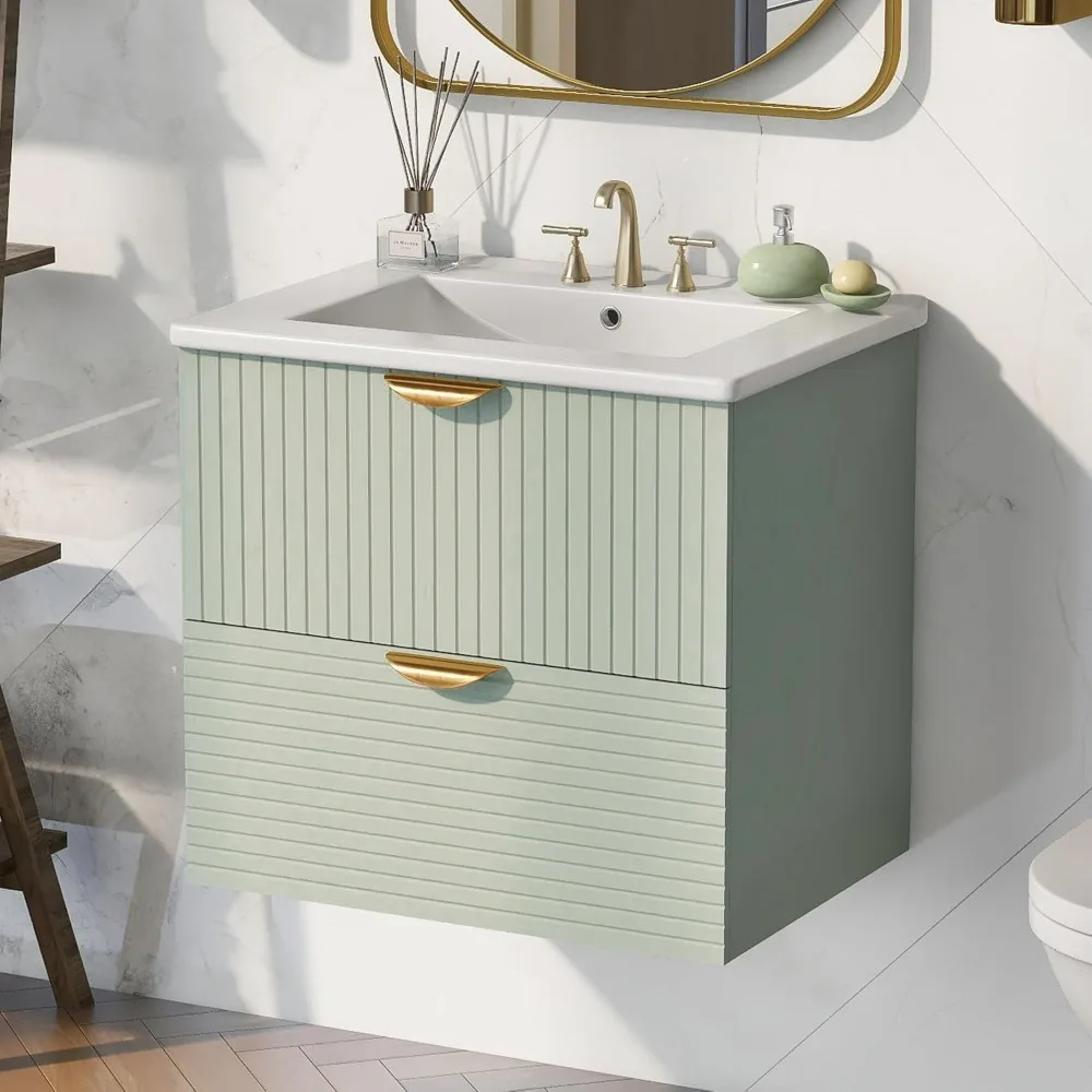 

24" Floating Bathroom Vanity with 2 Drawers, Combo Cabinet Undermount Sink, Wall Mounted Vanity with Ceramic Basin Marble