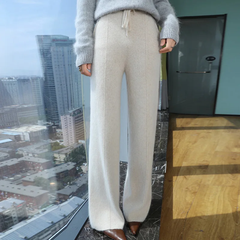 100% Pure Mink Cashmere Knit Wide-Leg Pants Ladies Thick Autumn Straight Pants Casual Elastic Waist Trousers Loose Mopping pants
