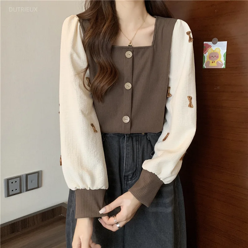 Shirts&blouses Woman Spring Autumn Square Neck Bows Sweet Blusas Mujer Korean Fashion Contrast Color Camisas
