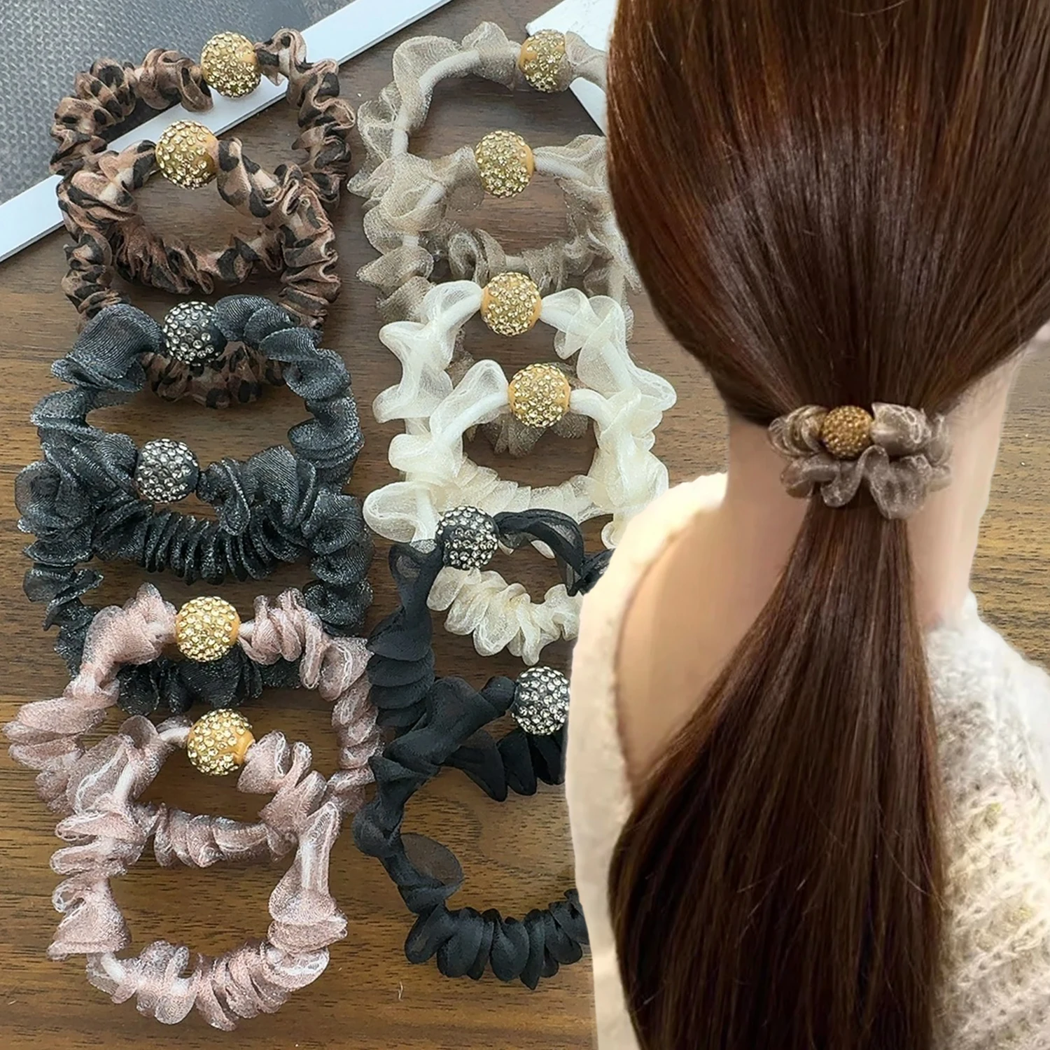 

5 шт., блестящие резинки для волос с хрустальным шаром, сетчатая эластичная резинка, однотонная модная резинка для волос, резинки для волос, веревка для женщин