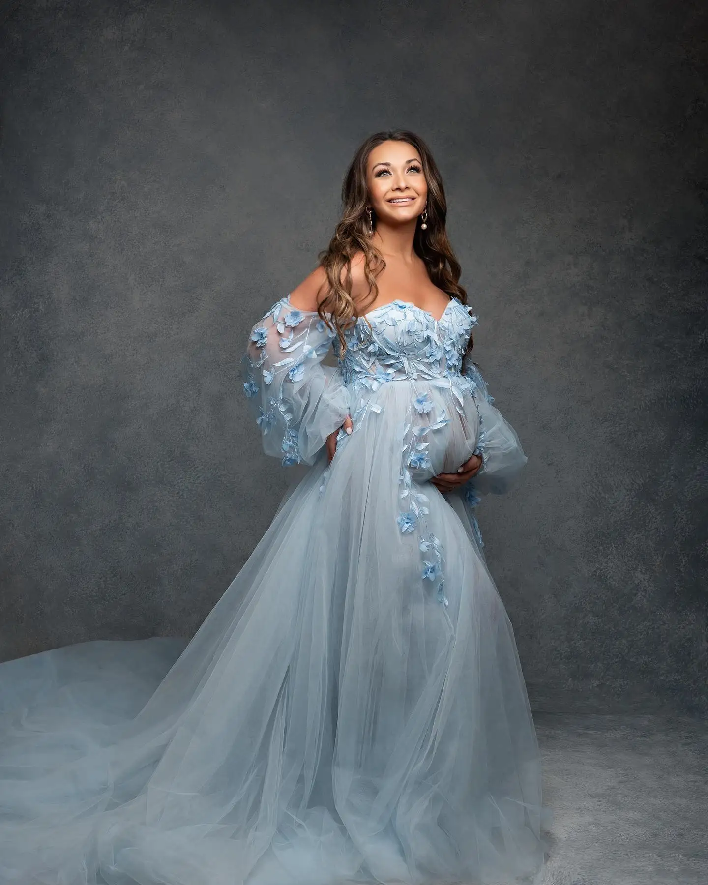 Elegant Prom Maternity Dress for Photoshoot  Blue Lace Appliqued Gala Gowns Babyshower Pregnancy Tiered Ruched Robes Wear