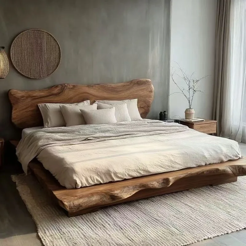 Solid wood bed B & B hotel medieval double bed retro log natural side bed