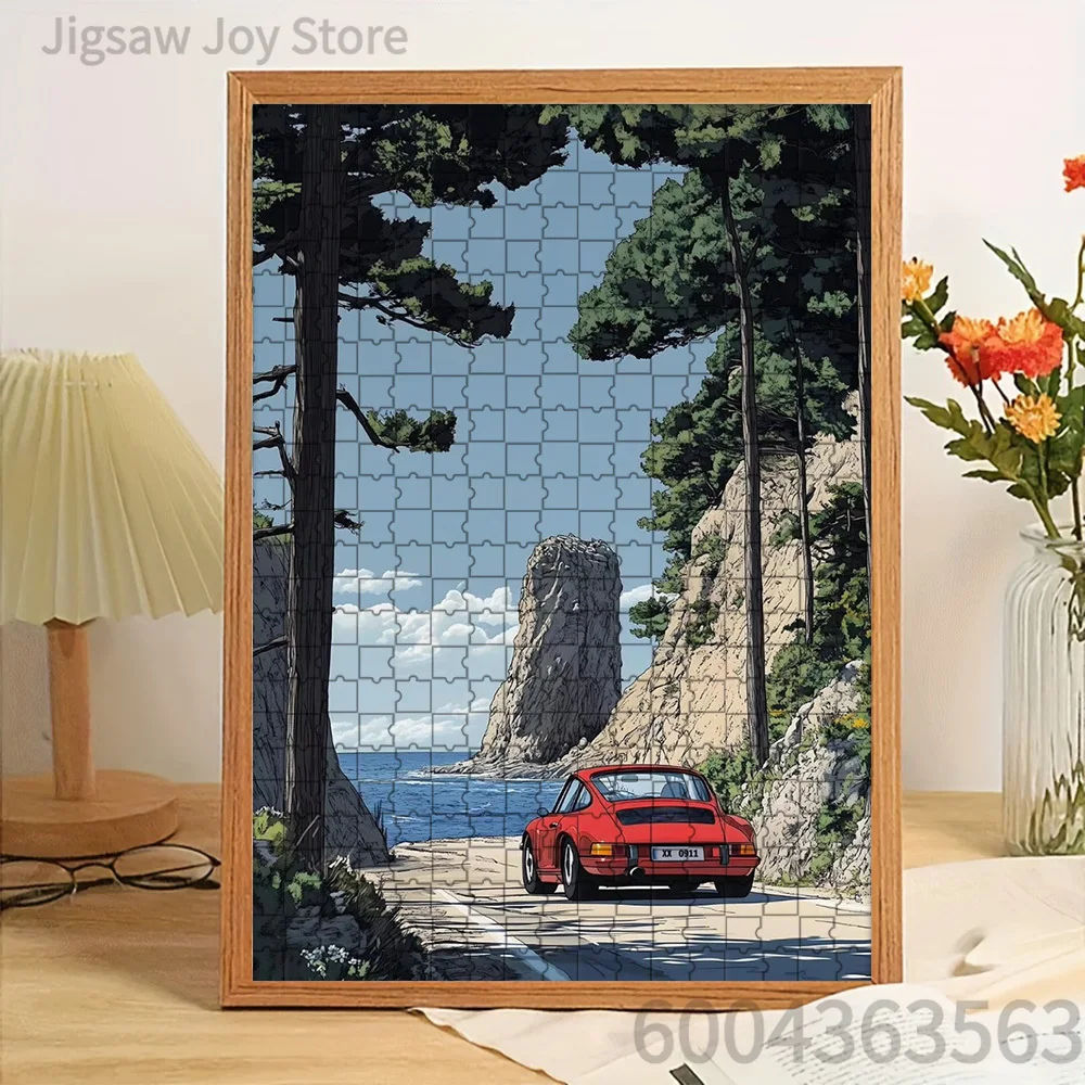 

Coastal Cliff Retro Sports Car Paper Jigsaw Puzzle, Seaside Scenery Classic Car Art Paper Puzzle for Adults, Creative DIY Paper