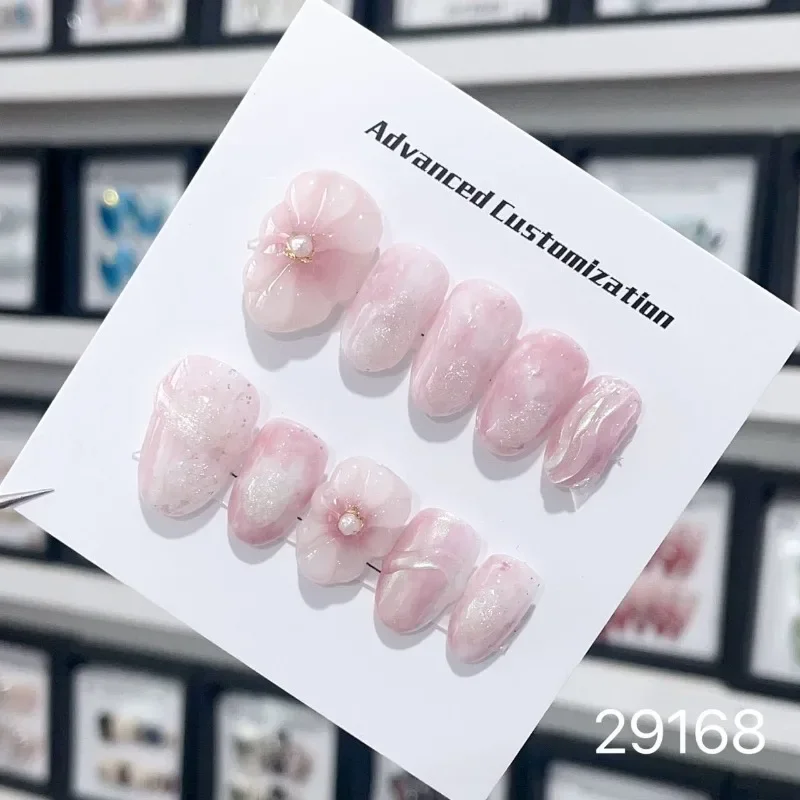 

10pcs/set Girls Handmade Pink Short Press on Nails Korean Reusable Adhesive False Nails with Design Acrylic Artificial Manicure
