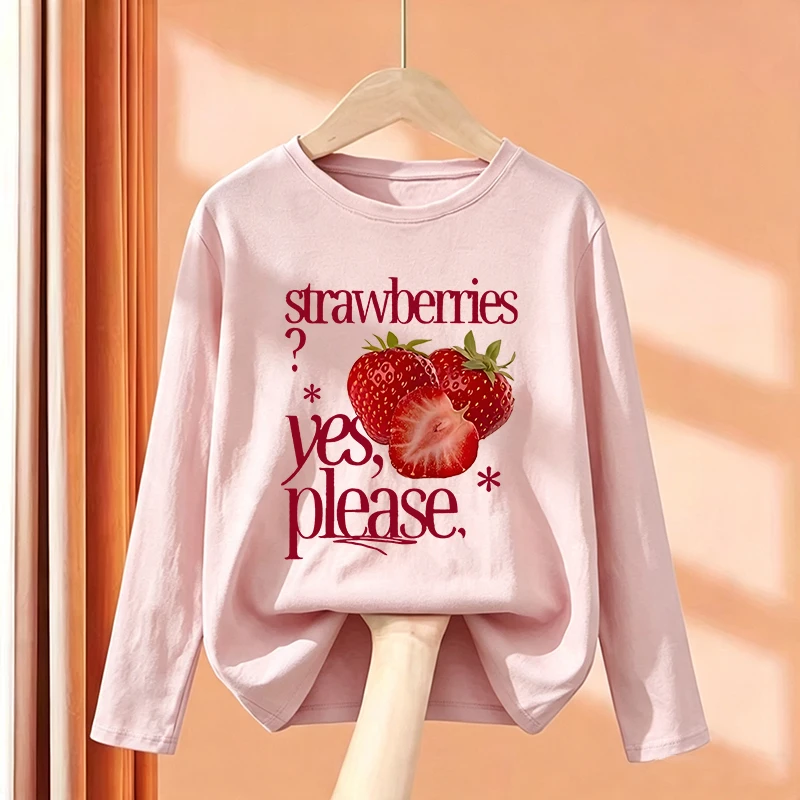 Sweet Strawberry Print Long Sleeve Trendy T Shirts Kids Children's T-shirt Graphic Boys Girls Autumn Casual Top Tee Shirt
