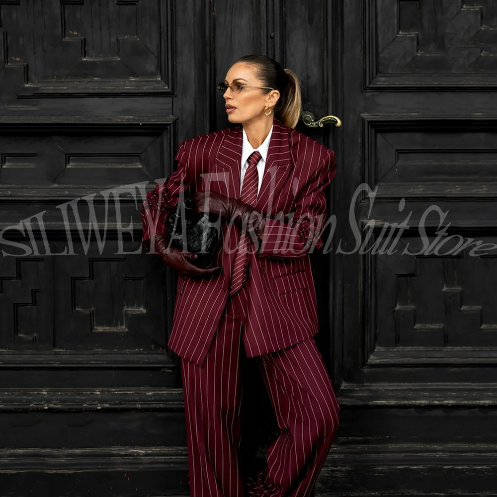 Premium Burgundy Pinstripe Blazer Set Women Oversized Wide Leg Pants Sophisticated Formal Office Commute Stylish Outfit 2 Pieces