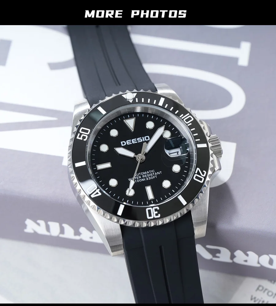 Deesio Luxury Men's Full Automatic Mechanical Watch, 316L Stainless Steel Case, Silicone Strap, Date Display, Luminous Hands, Upgrade 100M Waterproof, High-Mineral Glass, Sport Sweatproof, Self-Wind & Manual Wind, Black Classic Business Casual Design