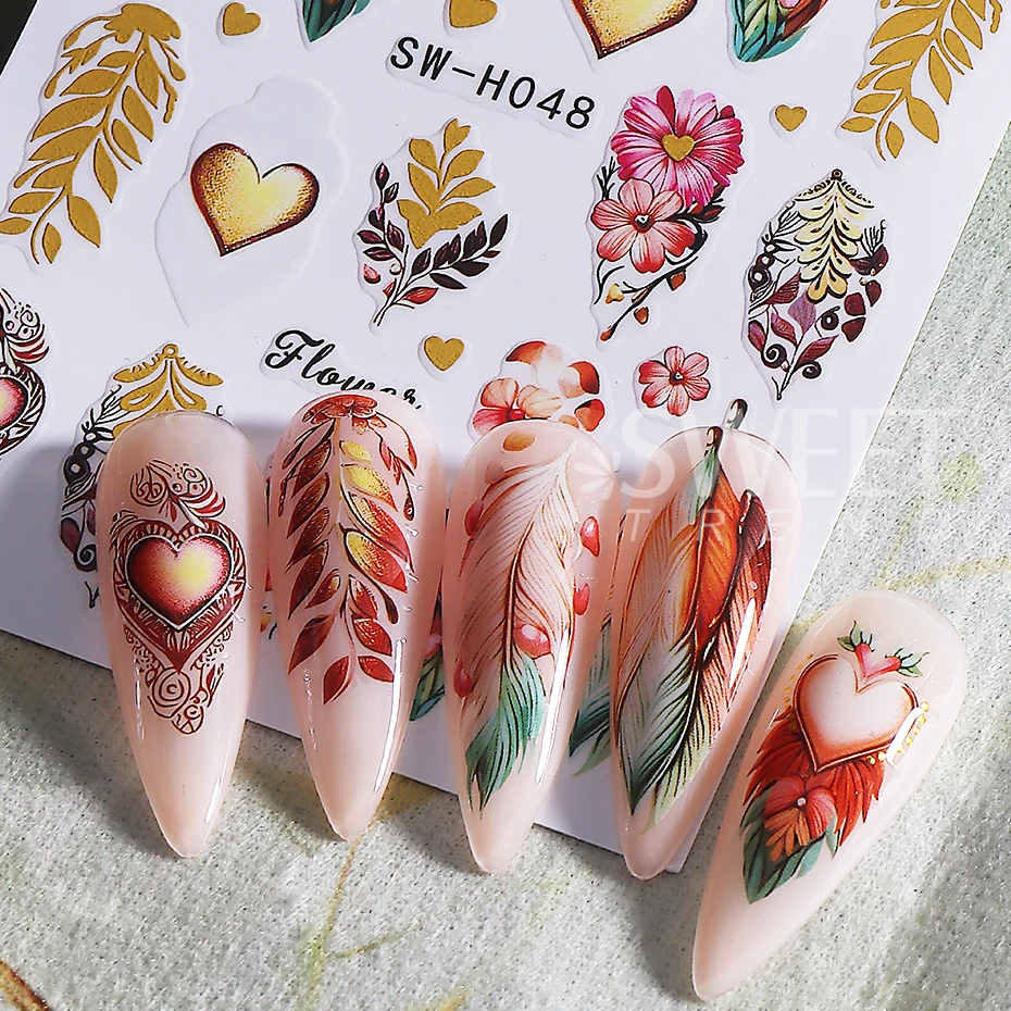 2 uds pegatina bohemia para uñas 3D bronceado corazón atrapasueños diseño de pétalos Retro pegatina adhesiva para uñas DIY decoración deslizante para manicura