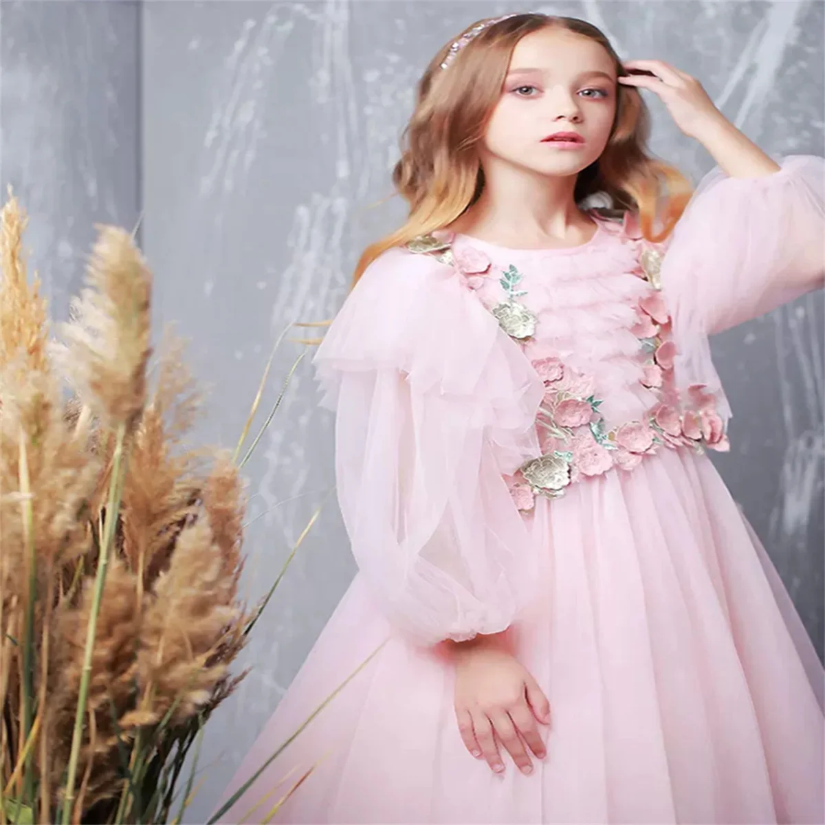 Vestido de manga larga para niña, calcomanía plisada en capas de tul rosa, boda, flor, niño, comunión, cumpleaños, princesa