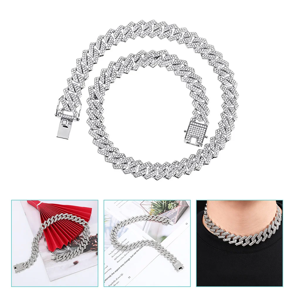 

Full Diamond Cuban Link Chain Necklace Rhinestones Hip Hop Jewelry For Women Party Travel Vintage Accessories Metal Link