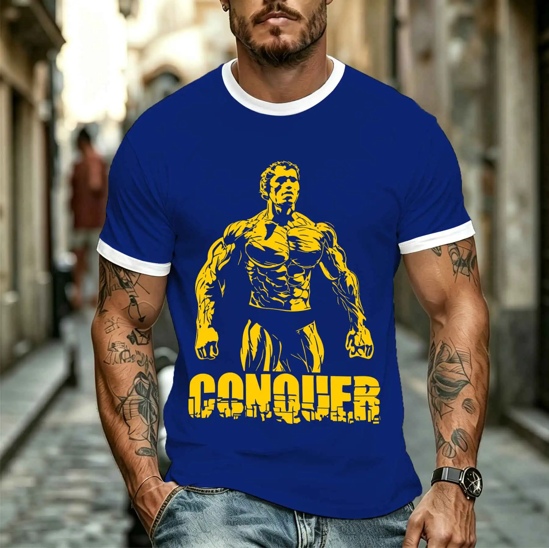 Camiseta de manga corta para hombre, modelo 2026, elegante y cómoda, con estampado de culturismo CONQUER, para fitness, deportes, informal, transpirable