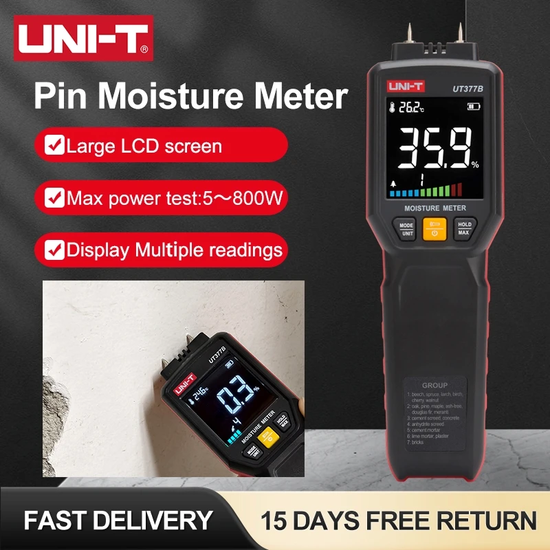 UNI-T UT377B Digital Wood Moisture Meter Wall Moisture Content Tester Timber Hygrometer for Woodworking Furniture Construction