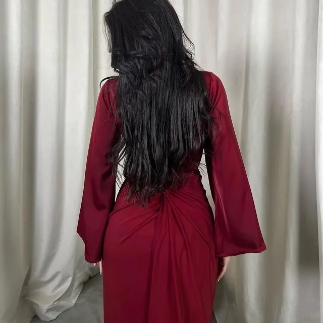 Vestido de noche de sirena para mujer, prenda elegante y manga larga de satén con cuello en V hasta el tobillo, estilo Formal de Arabia Saudita, 2023