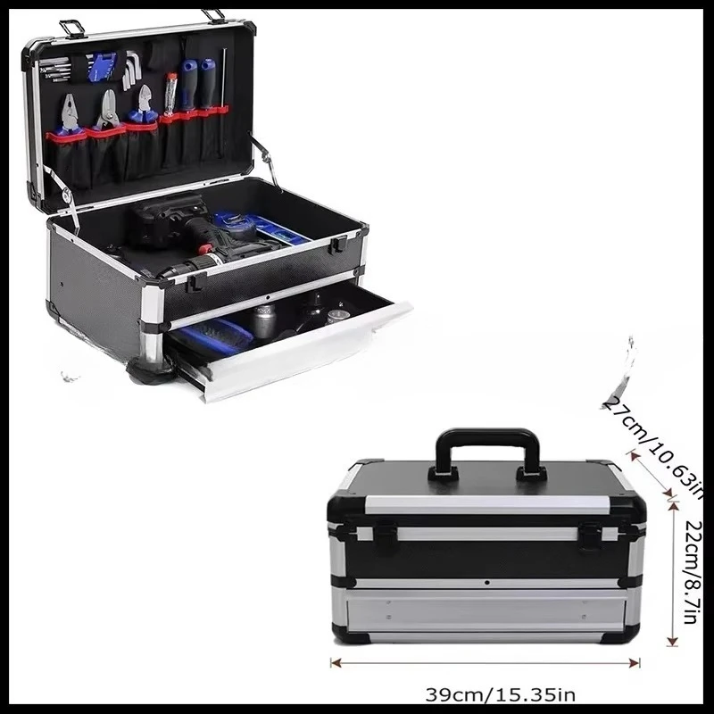 Portable Aluminum Tool Case with Drawers, Multifunctional Storage Suitcase for Electric Equipment & Tools Organizer