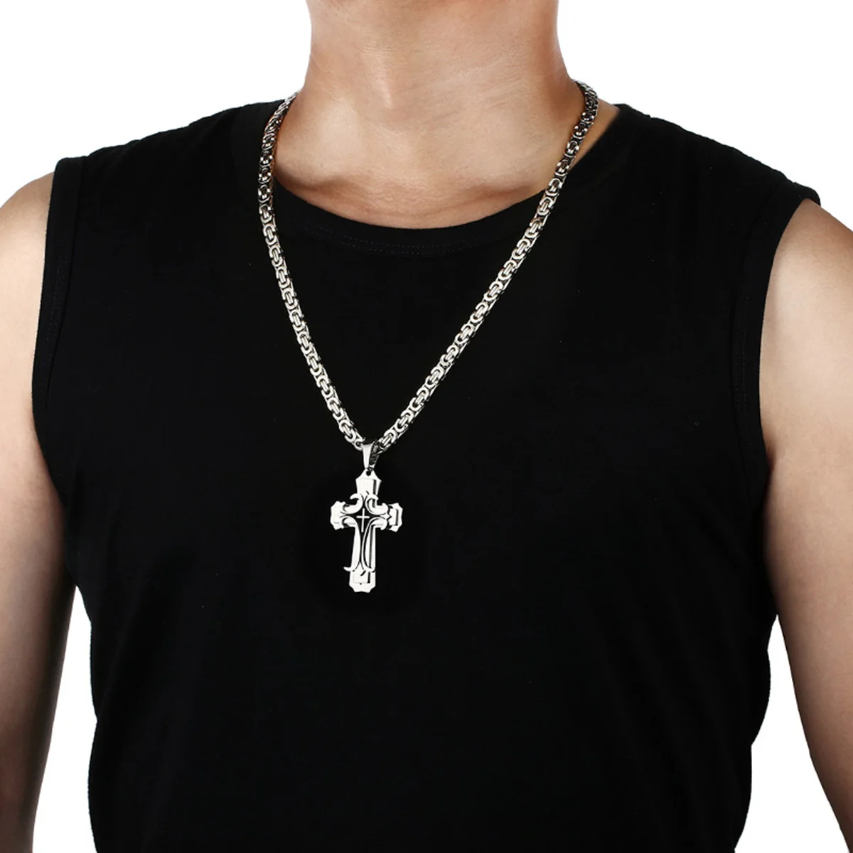 Christian Trinity Latin Cross Necklace for Men Stainless Steel Three Layers Cross Pendants Necklaces Jewelry Gift