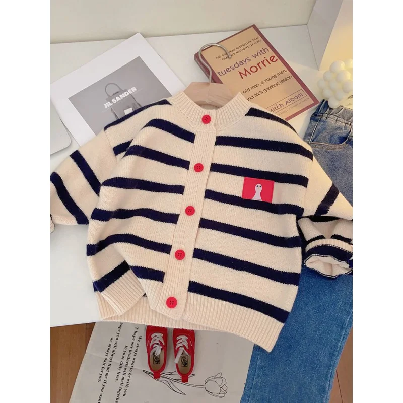 

Girl's Knitted Cardigan 2023 Autumn and Winter New Children Toddler Baby Western Style Striped Sweater Top Coat