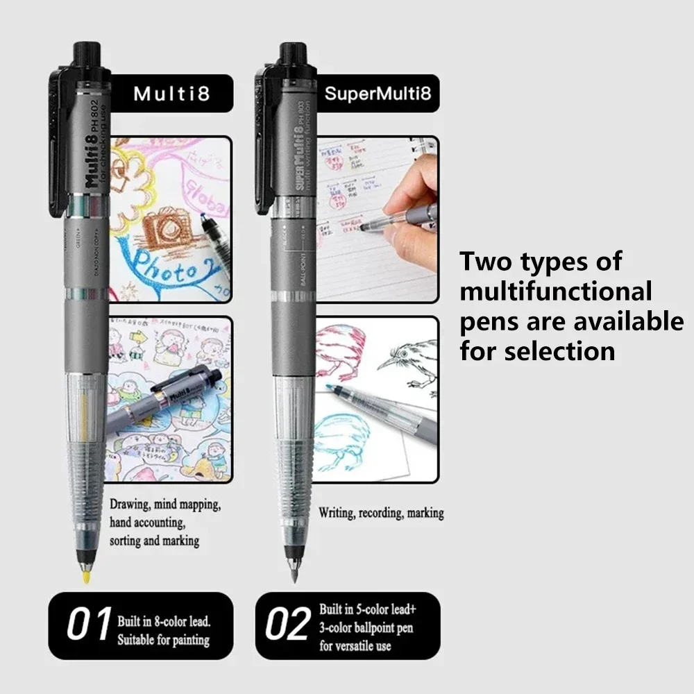 Japan Pentel PH803ST/PH802ST Multi+8 Mechanical Pencil 2.0mm Knock Type Colered Pencils Ballpoint Pen Refill 0.7mm School