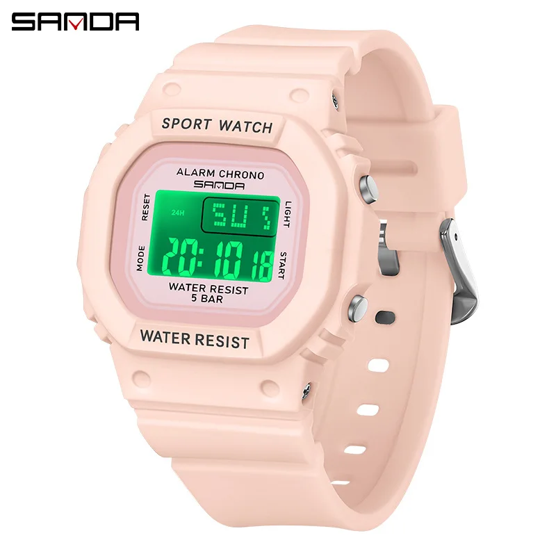 SANDA 393 ساعة رياضية مربعة صغيرة للطلاب، لون الحلوى ذكر أنثى نفس النمط مقاوم للماء عرض ضوء الليل ساعة توقيت