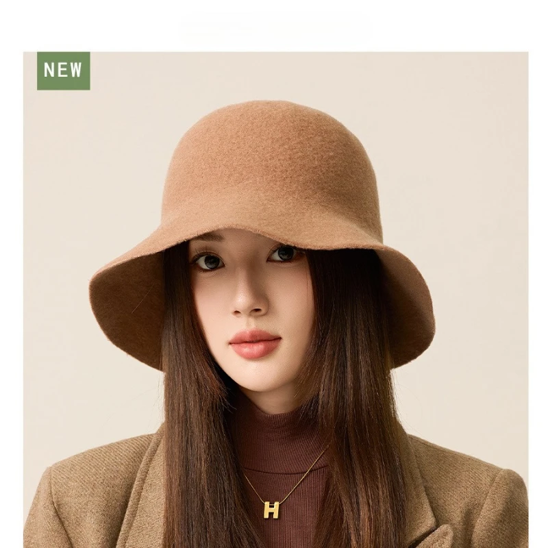 Autumn Winter Wool Felt Bucket Hat for Women Warm Fisherman Hat Classic Wool Bucket Cap