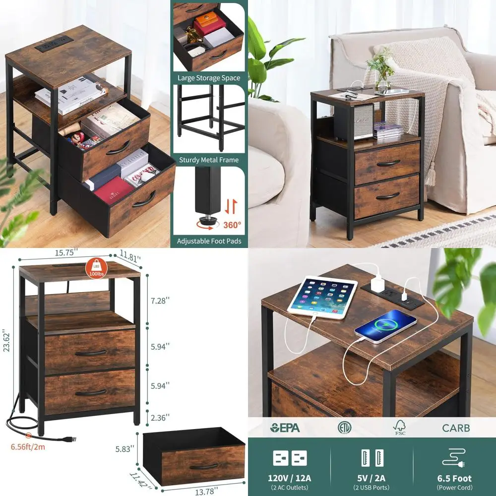 

Компактная прикроватная тумбочка с тканевыми ящиками и местом для хранения, для небольших помещений, с USB-портами и розетками