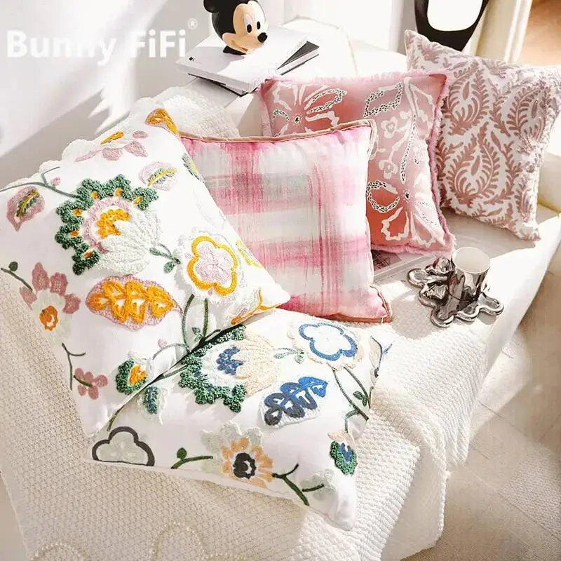 Boho Blumenbestickte Kissenbezüge, superweiche, getuftete Plüsch-Dekokissenhüllen für Sofa, Bett, Wohnzimmer, Heimdekoration