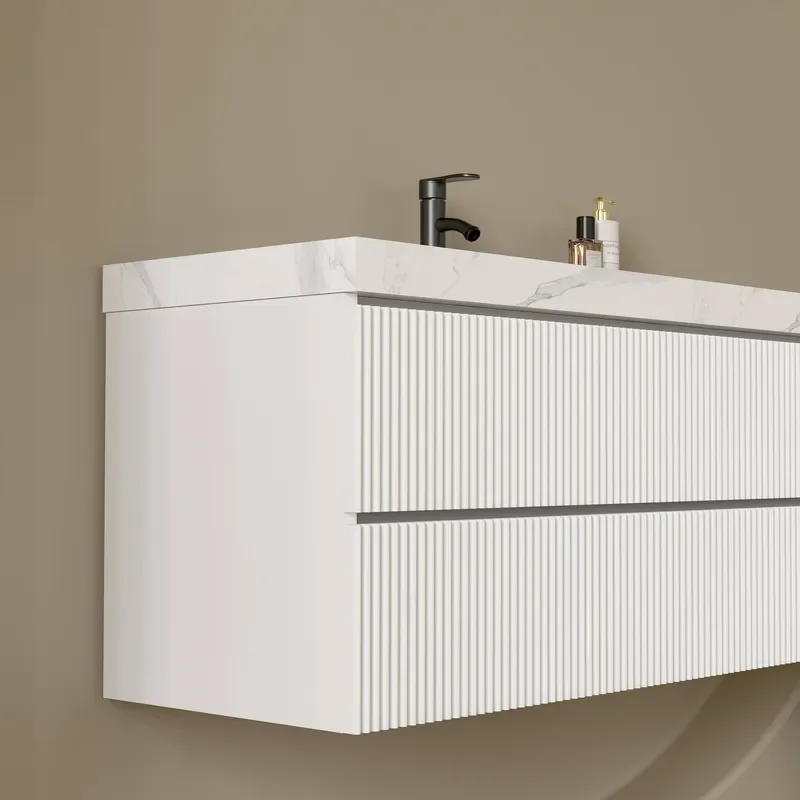 White Color Wall Mounted High-end Slab Rock Countertop Storage Cabinet 18MM PVC Wall Hung Ceramic Wash Basin Bathroom Vanity