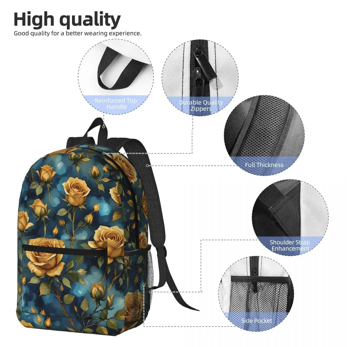 Elegant Yellow Roses On Blue Texture Backpack Boys Girls BookBag Kids School Bag Computer Shoulder Bags for Men Women