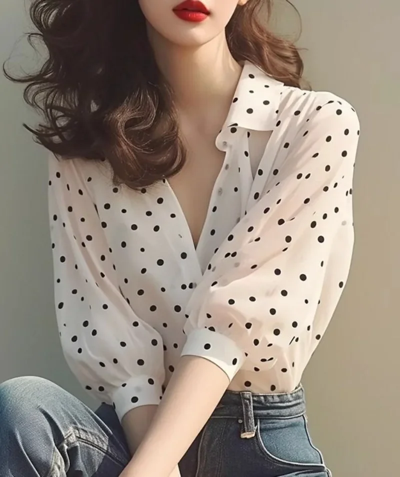 Woman Top V Neck with Print Shirts & Blouses for Women Summer Elegant Social Clothing Sales Luxury Aesthetic Pretty Youthful S M