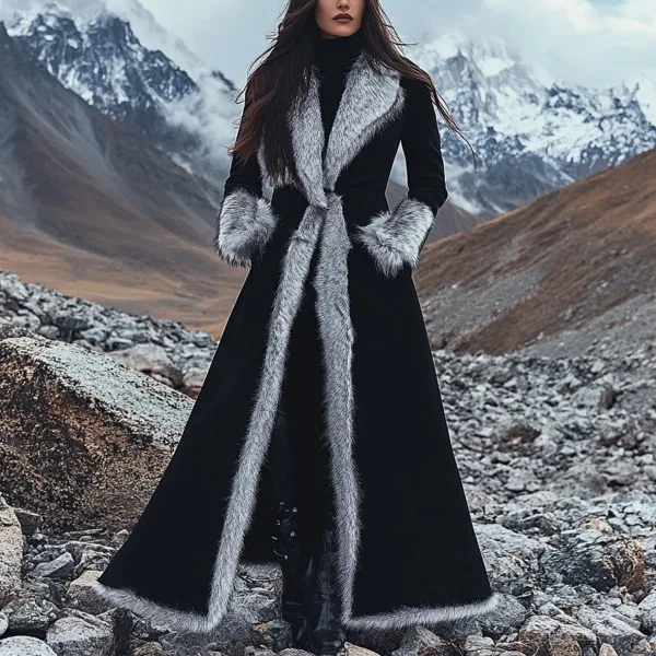 Women's Winter 2025 Women's Retro Black Ethnic Style Plush Finish Edge Suede Long Coat