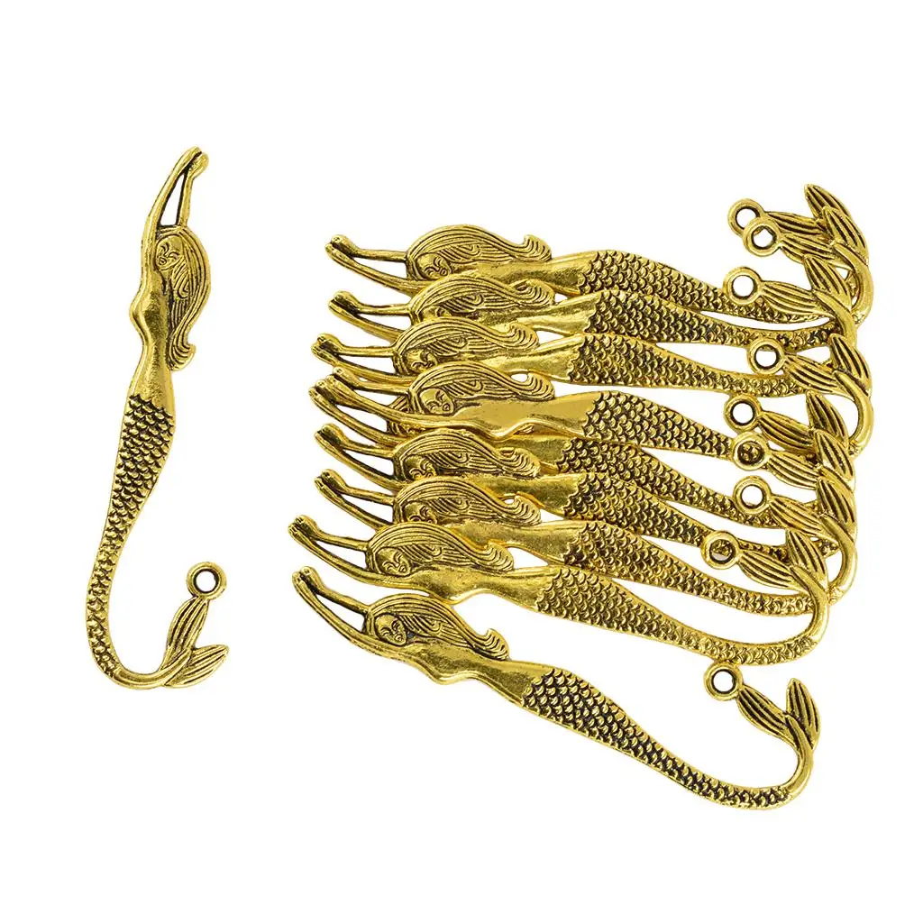 Marcapáginas de sirena dorada, dijes colgantes, accesorios de joyería DIY, 10 piezas
