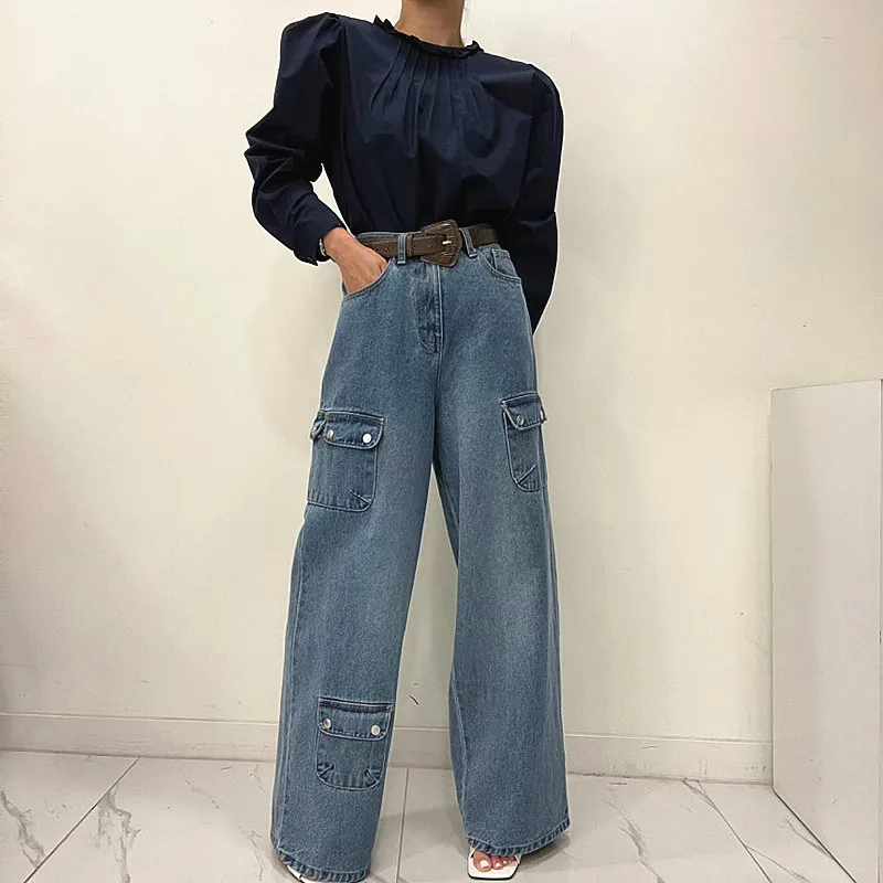 2023 Korean Y2K Fashion Washed Blue Baggy Cargo Jeans Pants Women Clothes Multi Pockets Straight Wide Leg Lady Denim Trousers