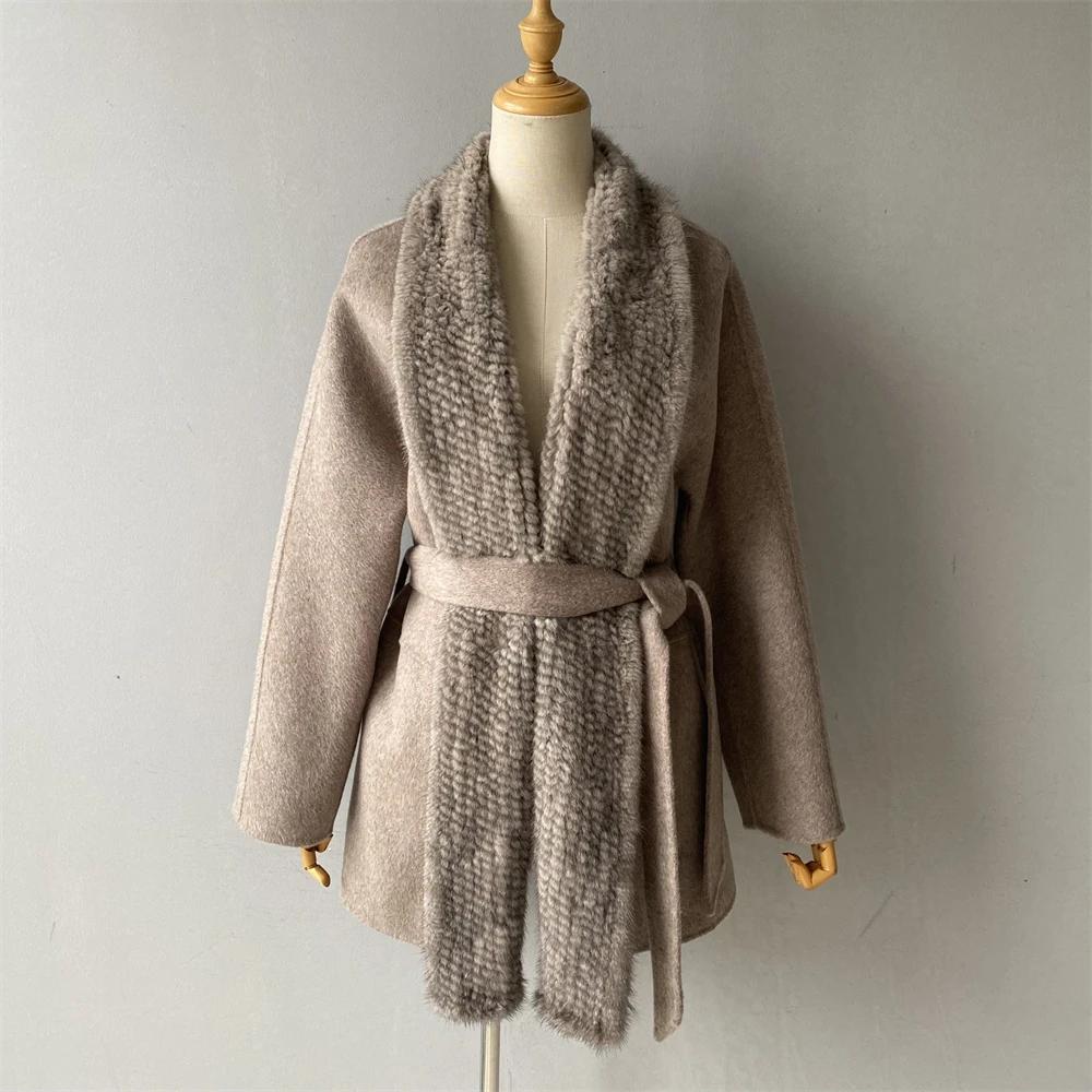 Jxwatcher Women's Wool Coat with Luxury 100% Real Mink Fur Trim 2026 New Arrival Winter Coats Female Elegance Belt Trench Jacket