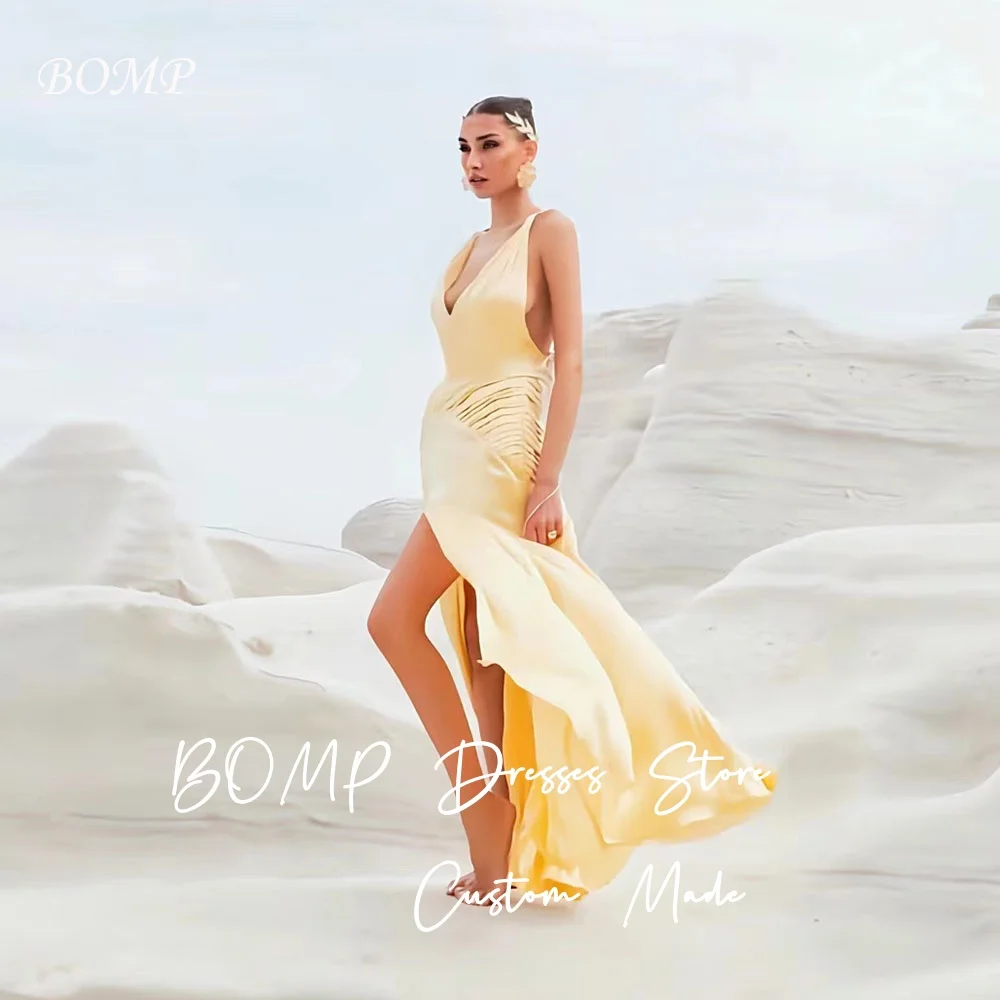 

BOMP Sexy Yellow Evening Dress V-Neck Backless A-Line Pleat High Slit Satin Wedding Party Dress Customized Saudi Arabic Elegant