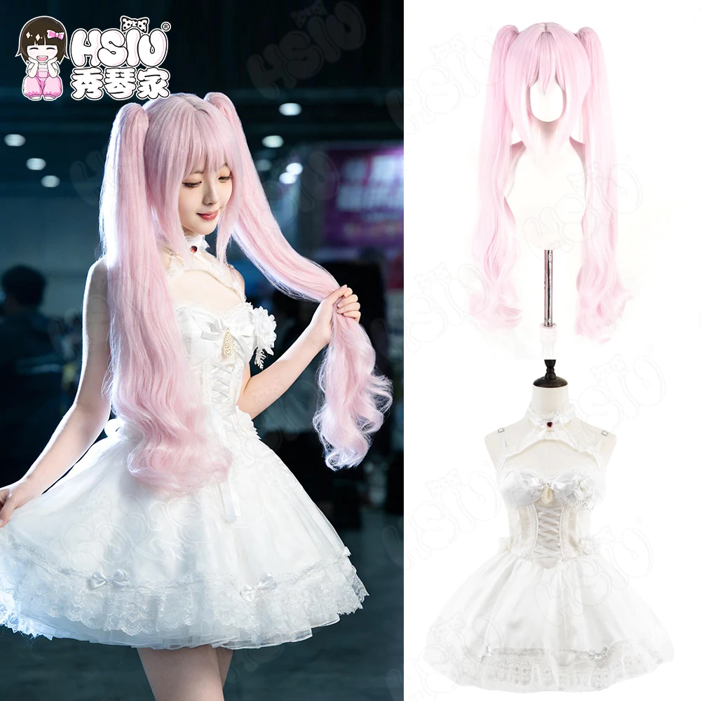 

Костюм для косплея Алисы, парик из синтетического волокна, белое платье, полный комплект, розовый длинный парик, костюм для косплея по игре NIKKE, парик.