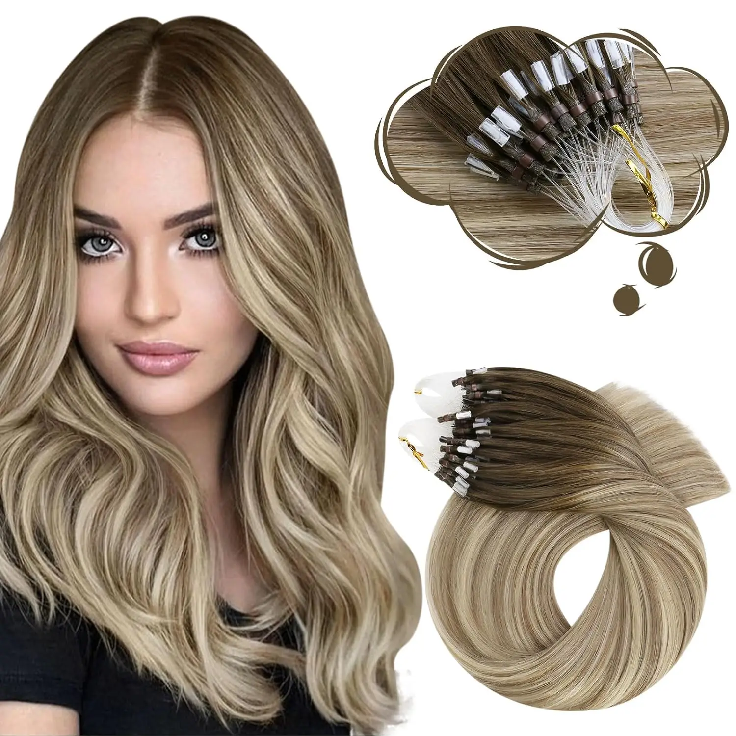 Moresoo Micro Link Hair Extensions Human Hair Balayage 1G/1S Micro Loop Human Hair Extensions Ombre Microlink Hair Extensions