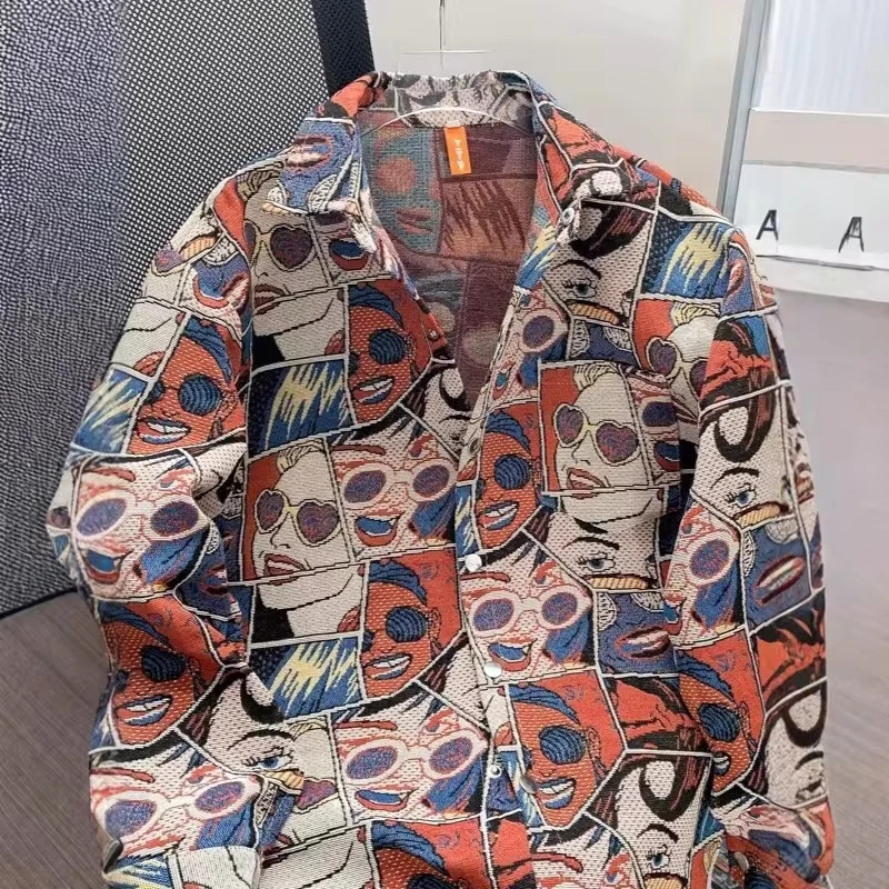 

Autumn Spring New Fashion Vintage Men's Casual Trendy Printed Turn-down Collar Long Sleeve Single-breasted Shirts Cargo Coats