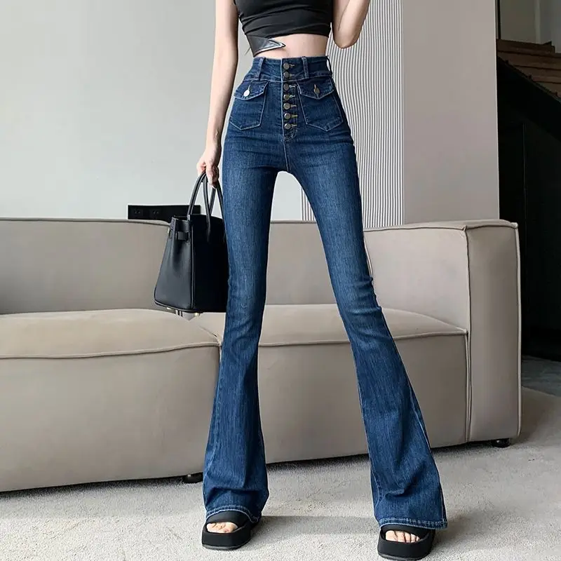 Women High Waist Flared Jeans Vintage Style Wide Leg Denim Pants with Embroidered Pockets High Waisted Jeans Flare Jeans XK163